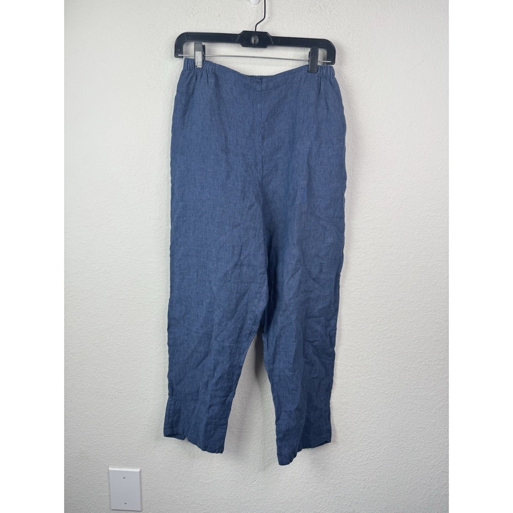 FLAX 100% Linen Pants Women's Sz S Blue Pull On Elastic Waist Crop Beach Coastal